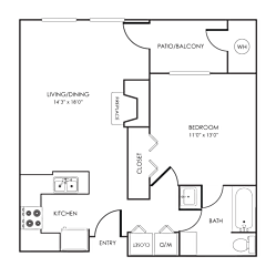 A floor plan of a house with a kitchen, bathroom, and living room.