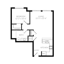 A black and white image of a floor plan for a small apartment.