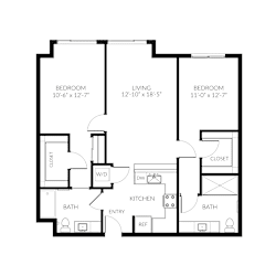 A black and white image of a house floor plan with three bedrooms, a living room, a kitchen, two bathrooms, an entry, a dining room, and a laundry area.