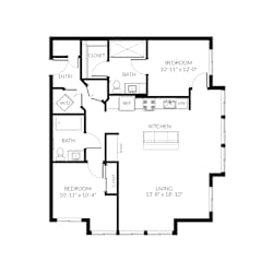 A black and white image of a floor plan for a small apartment.