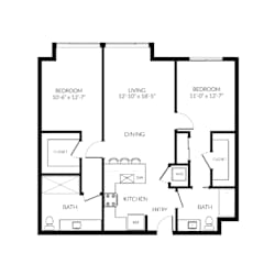 A black and white image of a house floor plan with three bedrooms, a living room, a dining room, a kitchen, two bathrooms, and a closet.