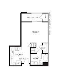 A black and white image of a floor plan for a studio apartment.