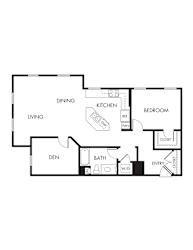 A floor plan of a home with a den, dining room, kitchen, and bedroom.