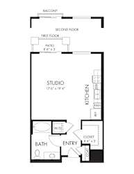 A floor plan of a house with a balcony, two floors, a studio, a bathroom, an entry, a kitchen, and a patio.