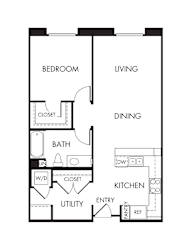 One bedroom apartment floor plan with utility room at Renaissance Square Apartments, California