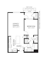 A black and white image of a floor plan for a small apartment.