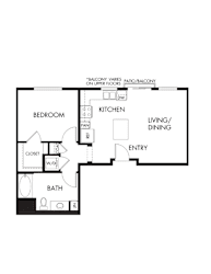 A floor plan of a small apartment with a bedroom, kitchen, living room, and bathroom.