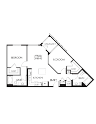 A black and white diagram of a house layout with two bedrooms, a living/dining area, a kitchen, a bath, and an entry.