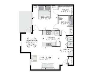 A floor plan of a house with a living room, dining room, kitchen, bedroom, bathroom and foyer.