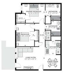 A black and white image of a floor plan for a house with a living room, dining room, kitchen, two bathrooms, and two bedrooms.