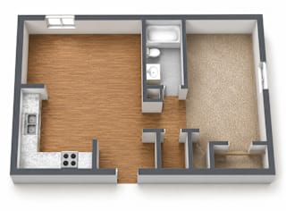 A 3D rendered image of a small apartment layout.