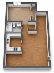 A 3D rendered image of a small apartment layout.