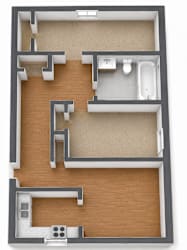 A 3D floor plan of a house with a kitchen, living room, and bathroom.