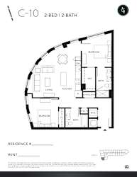 A black and white image of a 2-bedroom, 2-bathroom apartment layout.