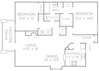 A floor plan of a house with two bedrooms, a living room, a dining room, a kitchen, a patio, and a foyer.