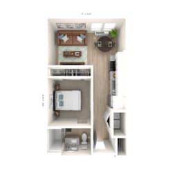 a stylized floor plan with a bedroom and a bathroom