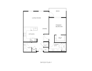 A floor plan of a small apartment with a living room, kitchen, dining room, and two bedrooms.