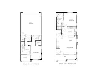 A floor plan of a two-story house with a garage and a deck.