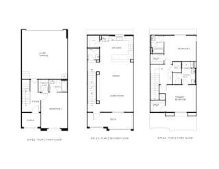 Three floor plans for a 6-plex apartment building.