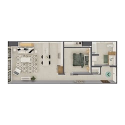A top-down view of a room with a bed, a desk, and a couch.