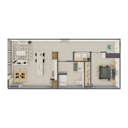 A floor plan of a small apartment with a kitchen, living room, and bathroom.