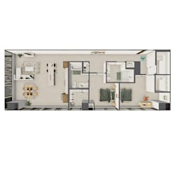 A drawing of a room with a bed, desk, and chair.