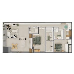 A floor plan of a house with a kitchen, living room, and bathroom.