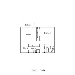 A floor plan of a one bedroom apartment with a balcony.