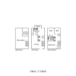 A diagram of a two-story house with three bedrooms and one and a half bathrooms.