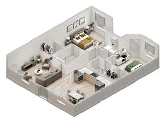A 3D floor plan of a house with a living room, kitchen, dining room, and bedrooms.