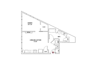 A drawing of a house plan with a living area and kitchen.