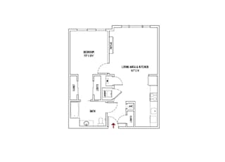 A floor plan of a small apartment with a bedroom, bathroom, living area and kitchen.