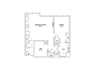 A floor plan of a house with a den, living area, kitchen, bedroom, bathroom, and closet.