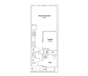A floor plan of a small apartment with a living area, kitchen, bedroom, bathroom, and closet.