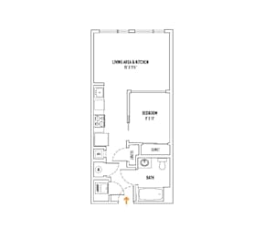 A floor plan of a small apartment with a living area, kitchen, bedroom, bathroom, and closet.