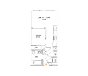 A floor plan of a small apartment with a living area, kitchen, bedroom, bathroom, and closet.