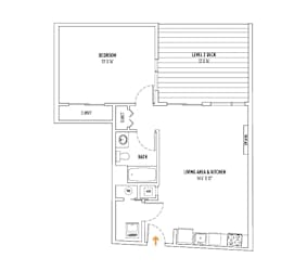 A floor plan of a small apartment with a bedroom, bathroom, living area, and kitchen.