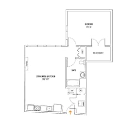 A floor plan of a room with a bedroom, bathroom, and living area.