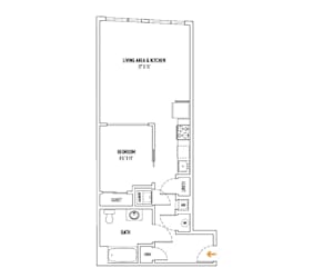A floor plan of a small apartment with a living area and kitchen, bedroom, bathroom, closet, and laundry room.