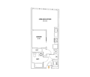 A floor plan of a small apartment with a living area, kitchen, bedroom, bathroom, and closet.
