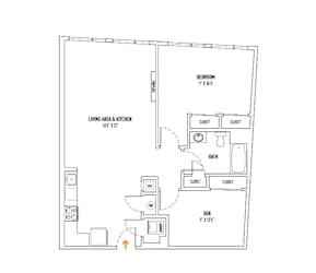 A floor plan of a small apartment with a living area, kitchen, bedroom, and den.