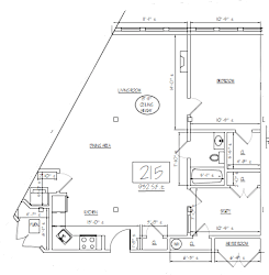 A floor plan of a building with a living room, dining area, and kitchen.