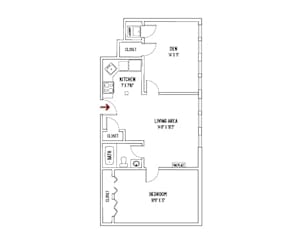 A floor plan of a small apartment with a kitchen, living area and bedroom.