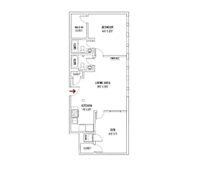 A floor plan of a small apartment with a living area, kitchen, and bedroom.