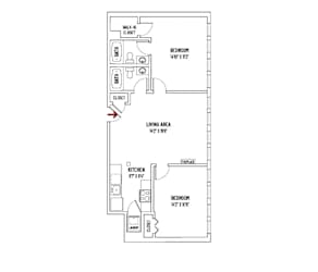 A drawing of a house plan with a living area, kitchen, and two bedrooms.