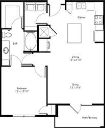 A black and white image of a floor plan for a small apartment.