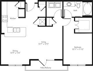 A black and white floor plan of a house with a living room, dining room, kitchen, bathroom, and bedroom.