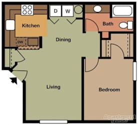 A floor plan of an apartment showing a kitchen, dining room, living room, and bedroom.