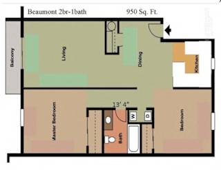 A floor plan of a 2 bedroom, 1 bathroom apartment.