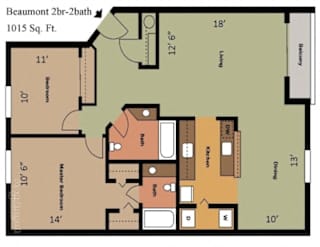 A floor plan of a 2 bedroom, 2 bathroom apartment.
